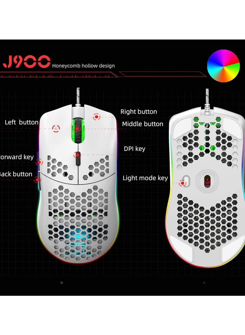 GGOOT J900 Hollow Wired Gaming Mouse, 800 1600 2400 3200 4800 6400 DPI Adjustable Gaming Backlit Computer Mouse, White Ergonomic Portable Mouse  - Image 5