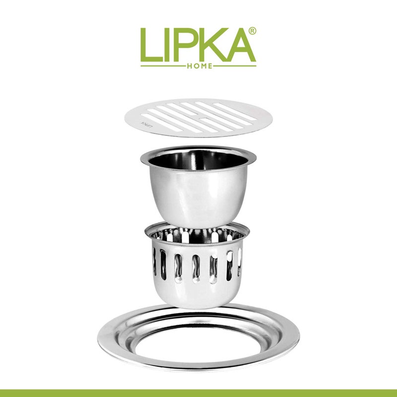 LIPKA Golden Classic Jali Round Floor Drain |304-Grade Stainless Steel |5 x 5 Inches| with Cockroach Trap & Hinge| - Image 3