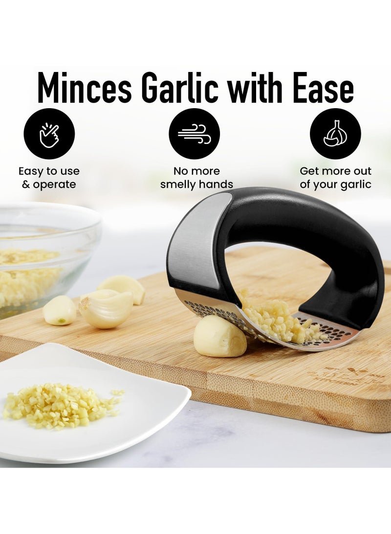 Stainless Steel Garlic Press Rocker Set - Premium Garlic Mincer Garlic Crusher - New Innovative Garlic Crusher with Peeler and Scraper - Comfortable Grip  - Image 4