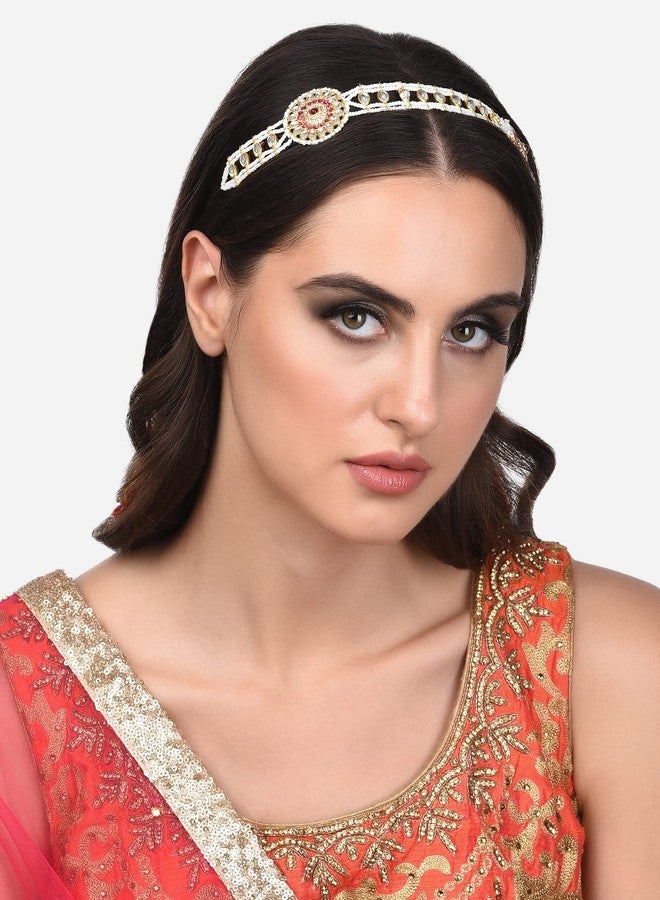 Zaveri Pearls سلسلة رأس مزينة باللؤلؤ الوردي من زافيري بيرلز وأحجار الكوندان للنساء - ZPFK14067 - Image 2