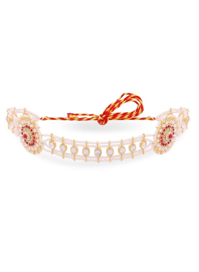 Zaveri Pearls سلسلة رأس مزينة باللؤلؤ الوردي من زافيري بيرلز وأحجار الكوندان للنساء - ZPFK14067 - Image 1