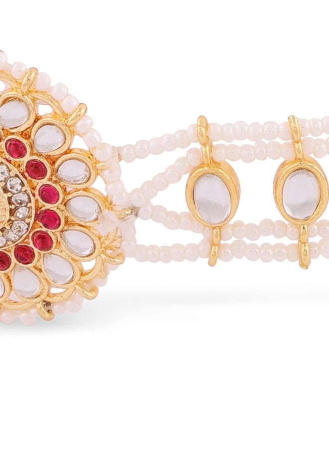 Zaveri Pearls سلسلة رأس مزينة باللؤلؤ الوردي من زافيري بيرلز وأحجار الكوندان للنساء - ZPFK14067 - Image 4