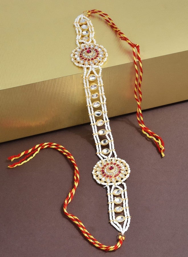 Zaveri Pearls سلسلة رأس مزينة باللؤلؤ الوردي من زافيري بيرلز وأحجار الكوندان للنساء - ZPFK14067 - Image 3