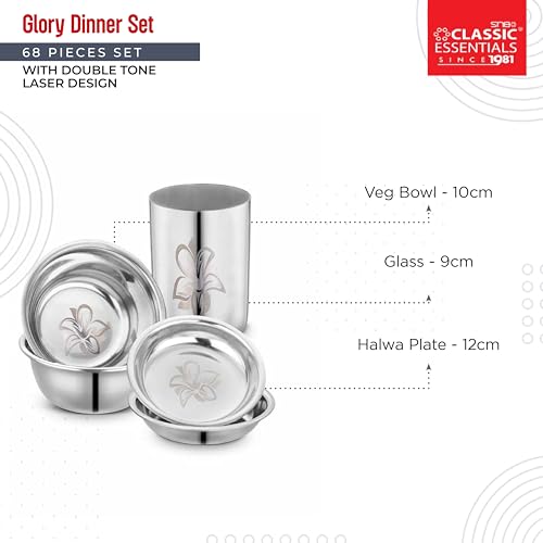 Classic Essentials Stainless Steel Glory Dinner Set | Kitchen Set for Home | Heavy Gauge Stainless Steel | Bartan Set | Permanent Glory Design Laser Engraved | Shagun Set, Set of 68 - Image 5