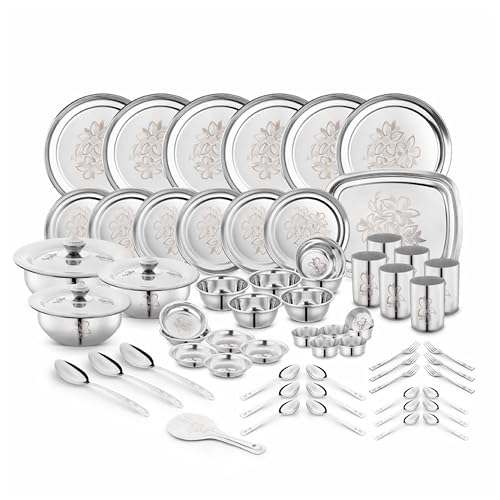 Classic Essentials Stainless Steel Glory Dinner Set | Kitchen Set for Home | Heavy Gauge Stainless Steel | Bartan Set | Permanent Glory Design Laser Engraved | Shagun Set, Set of 68 - Image 1