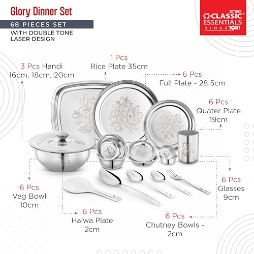 Classic Essentials Stainless Steel Glory Dinner Set | Kitchen Set for Home | Heavy Gauge Stainless Steel | Bartan Set | Permanent Glory Design Laser Engraved | Shagun Set, Set of 68 - Image 4