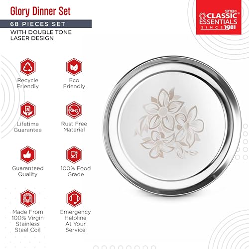 Classic Essentials Stainless Steel Glory Dinner Set | Kitchen Set for Home | Heavy Gauge Stainless Steel | Bartan Set | Permanent Glory Design Laser Engraved | Shagun Set, Set of 68 - Image 3