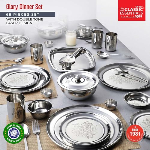 Classic Essentials Stainless Steel Glory Dinner Set | Kitchen Set for Home | Heavy Gauge Stainless Steel | Bartan Set | Permanent Glory Design Laser Engraved | Shagun Set, Set of 68 - Image 2