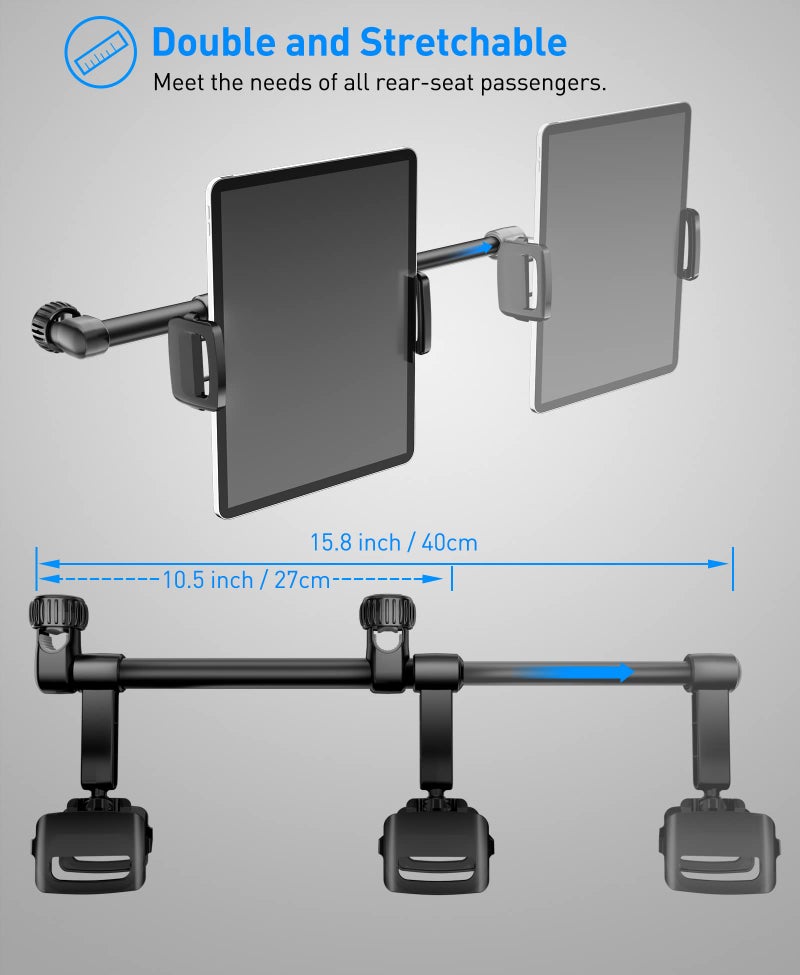 Tryone Car Headrest Tablet Mount Holder: Double Cradles Backseat Stand with Extension Arm for Kids Compatible Phone | iPad Pro Air Mini | Galaxy Tabs | Kindle Fire HD | Switch Lite & Other 4.7-12.9" Device - Image 4