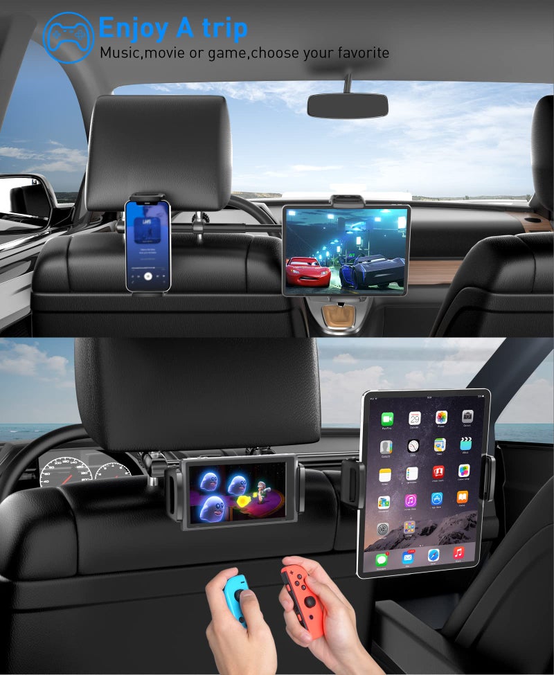 Tryone Car Headrest Tablet Mount Holder: Double Cradles Backseat Stand with Extension Arm for Kids Compatible Phone | iPad Pro Air Mini | Galaxy Tabs | Kindle Fire HD | Switch Lite & Other 4.7-12.9" Device - Image 2