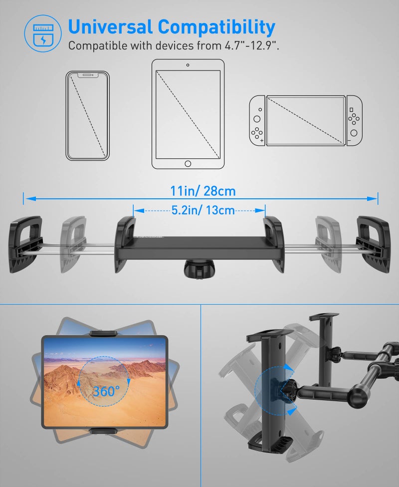 Tryone Car Headrest Tablet Mount Holder: Double Cradles Backseat Stand with Extension Arm for Kids Compatible Phone | iPad Pro Air Mini | Galaxy Tabs | Kindle Fire HD | Switch Lite & Other 4.7-12.9" Device - Image 5