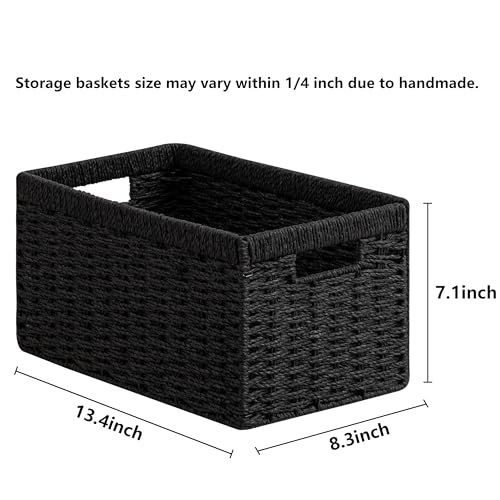 UBBCARE 2 Pack Wicker Basket, 13.4L×8.3H×7.1W inch Woven Paper Rope Storage Baskets for shelves, Foldable Rectangular Storage Baskets with Handle, Storage Basket for Organizing, Black - Image 3