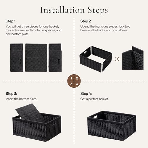 UBBCARE 2 Pack Wicker Basket, 13.4L×8.3H×7.1W inch Woven Paper Rope Storage Baskets for shelves, Foldable Rectangular Storage Baskets with Handle, Storage Basket for Organizing, Black - Image 2