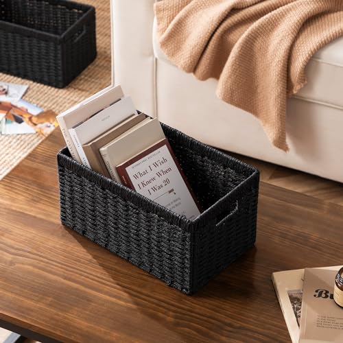UBBCARE 2 Pack Wicker Basket, 13.4L×8.3H×7.1W inch Woven Paper Rope Storage Baskets for shelves, Foldable Rectangular Storage Baskets with Handle, Storage Basket for Organizing, Black - Image 5