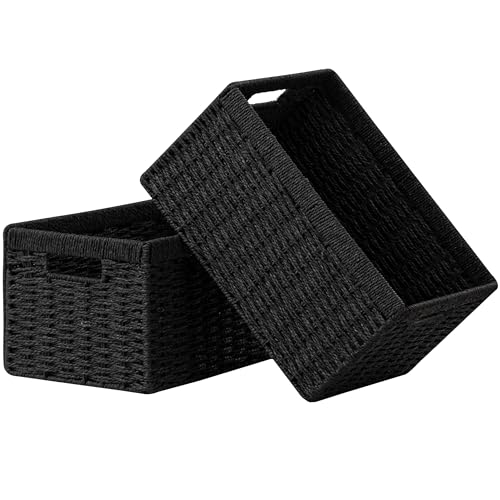 UBBCARE 2 Pack Wicker Basket, 13.4L×8.3H×7.1W inch Woven Paper Rope Storage Baskets for shelves, Foldable Rectangular Storage Baskets with Handle, Storage Basket for Organizing, Black - Image 1