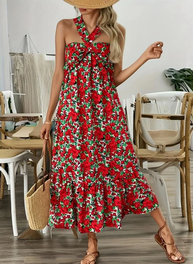 Take Two Red Floral Print Halter Neck A-Line Midi Dress
