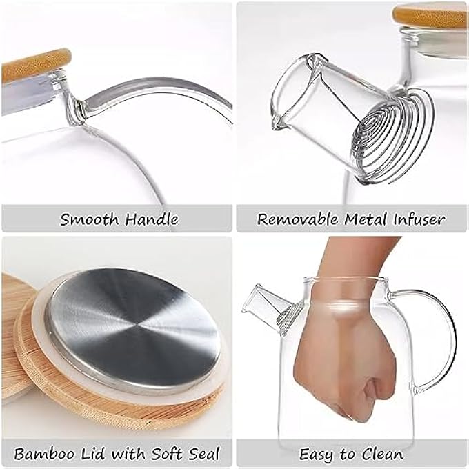 ريحني إبريق شاي زجاجي سعة 1800 مل، آمن للاستخدام على الموقد، غلاية شاي مصنوعة يدويًا مع غطاء من الخيزران، إبريق شاي شفاف لأوراق الشاي السائبة والشاي المزهر، مقبض ناعم، سهل التنظيف - Image 5