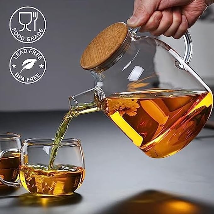 ريحني إبريق شاي زجاجي سعة 1800 مل، آمن للاستخدام على الموقد، غلاية شاي مصنوعة يدويًا مع غطاء من الخيزران، إبريق شاي شفاف لأوراق الشاي السائبة والشاي المزهر، مقبض ناعم، سهل التنظيف - Image 4