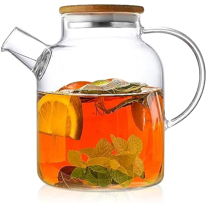 ريحني إبريق شاي زجاجي سعة 1800 مل، آمن للاستخدام على الموقد، غلاية شاي مصنوعة يدويًا مع غطاء من الخيزران، إبريق شاي شفاف لأوراق الشاي السائبة والشاي المزهر، مقبض ناعم، سهل التنظيف - Image 2