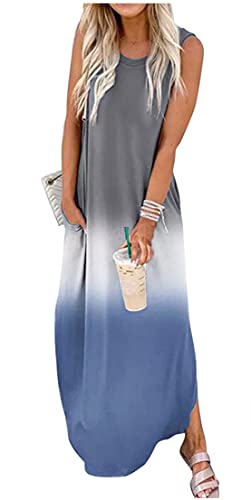 CHUNTIANRAN Women's Maxi Dress Summer Casual Sundress Sleeveless Long Dresses Hawaiian Beach Maxi Dresses with Pockets(Grey White Blue,Small) - Image 5