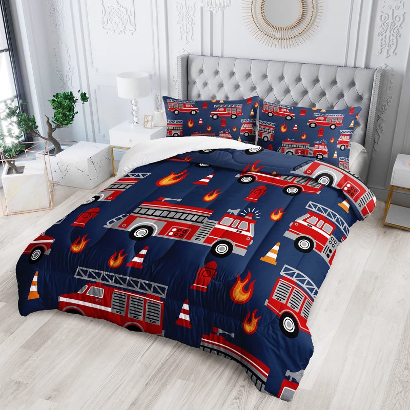 QOOMO Fire Truck Comforter Twin Size,Truck Kids Comforter Set,3Pcs Bedding Set Printed Comforter with 2 Pillowcases,Down Alternative,Soft and Lightweight,for All Seasons - Image 2