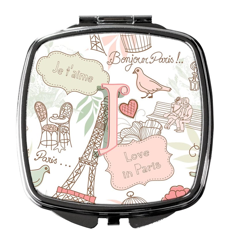 Caroline's Treasures CJ2002-JSCM Letter J Love in Paris Pink Compact Mirror Decorative Travel Makeup Mirror for Women Girls Gifts Pocket Makeup Mirror Folding Handheld - Image 1