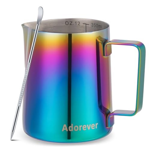 Adorever Milk Frothing Pitcher Colorful 350ml (12oz) Steaming Pitchers Stainless Steel Milk Coffee Cappuccino Latte Art Barista Steam Pitchers Milk Jug Cup with Decorating Art Pen - Image 1