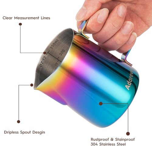 Adorever Milk Frothing Pitcher Colorful 350ml (12oz) Steaming Pitchers Stainless Steel Milk Coffee Cappuccino Latte Art Barista Steam Pitchers Milk Jug Cup with Decorating Art Pen - Image 3