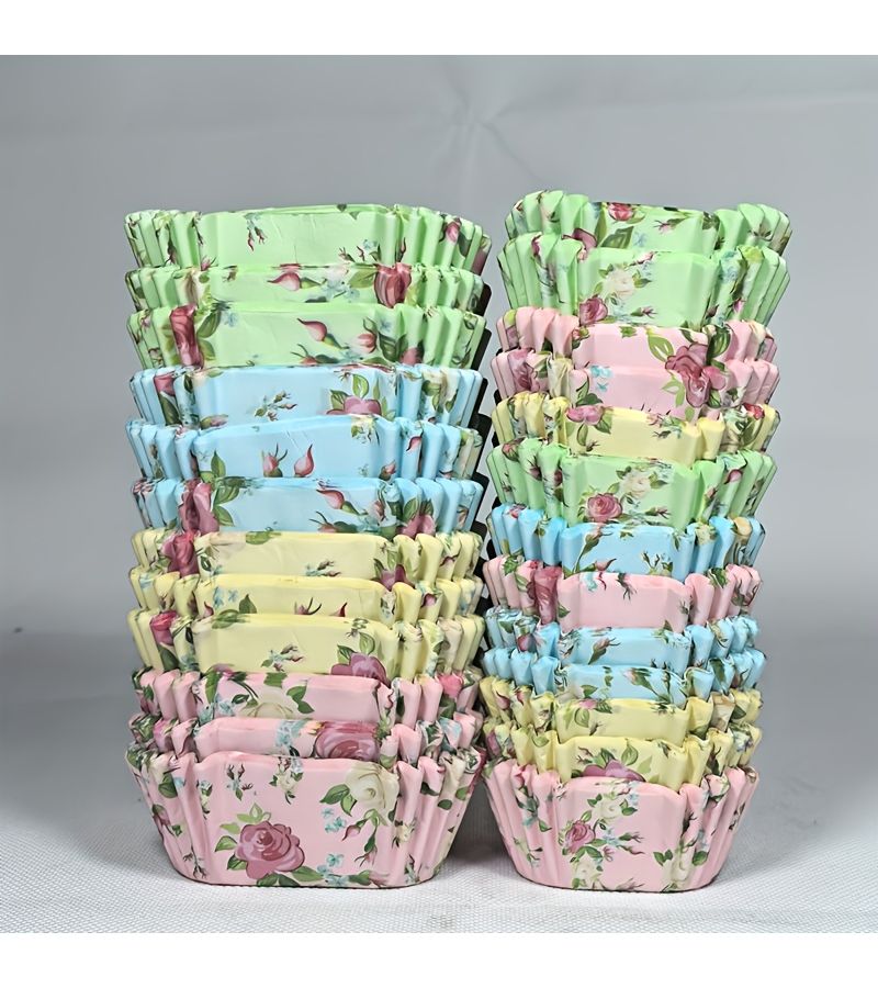 100pcs Assorted Color Square Floral Paper Liners Oil-Proof Cake Cups Yellow Small Size - Image 1