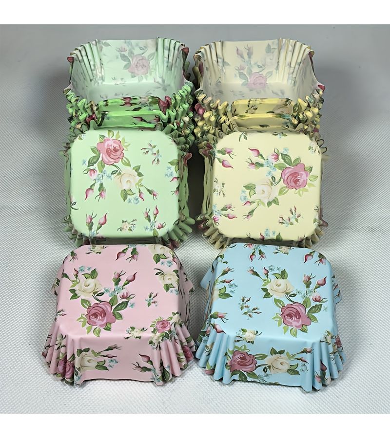 100pcs Assorted Color Square Floral Paper Liners Oil-Proof Cake Cups Yellow Small Size - Image 4