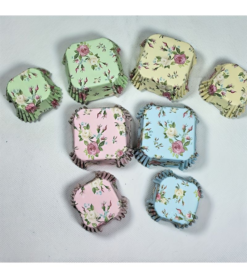 100pcs Assorted Color Square Floral Paper Liners Oil-Proof Cake Cups Yellow Small Size - Image 3