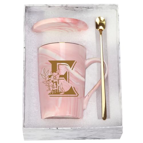 WENSSY Letter E Personalized Initial Mugs with Flower, Letter E Personalized Novelty Coffee Mug, Novelty Letter Coffee Mugs for Women, Bridal Shower Gifts, Women's Initials Gifts Coffee Mug 14 Ounce Pink - Image 1