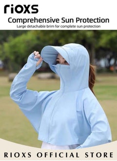 RIOXS Women's UPF 50+ Sun Protection Clothing, Outdoor Lightweight Full Zip Hoodie Jacket with Face Mask Design, Comfy Breathable Long Sleeve Coat with Thumbholes and Large Brim, Suitable for Daily Wear, Sports Training, Hiking, Fishing, Climbing or Other Outdoor Activities  - Image 4