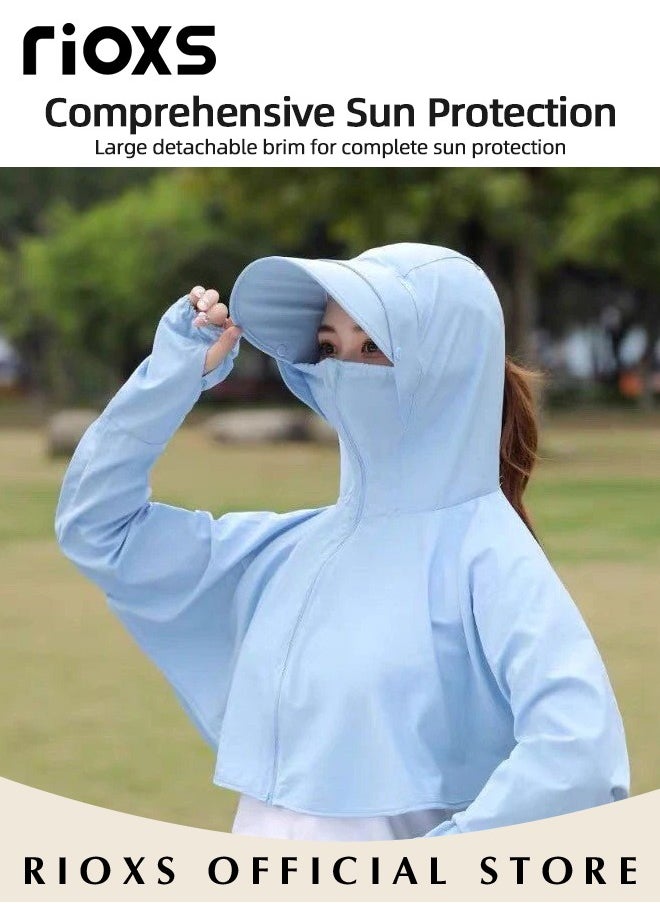 RIOXS Women's UPF 50+ Sun Protection Clothing, Outdoor Lightweight Full Zip Hoodie Jacket with Face Mask Design, Comfy Breathable Long Sleeve Coat with Thumbholes and Large Brim, Suitable for Daily Wear, Sports Training, Hiking, Fishing, Climbing or Other Outdoor Activities  - Image 4
