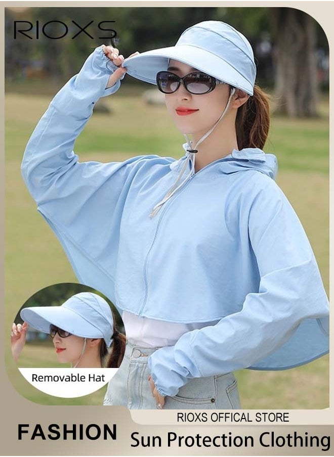 RIOXS Women's UPF 50+ Sun Protection Clothing, Outdoor Lightweight Full Zip Hoodie Jacket with Face Mask Design, Comfy Breathable Long Sleeve Coat with Thumbholes and Large Brim, Suitable for Daily Wear, Sports Training, Hiking, Fishing, Climbing or Other Outdoor Activities  - Image 1