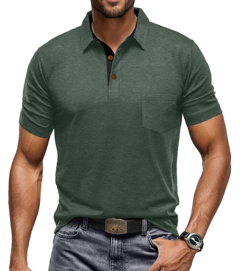 Sailwind Men's Cotton Polo Shirts Short Sleeve Casual Summer Shirts Classic Collared Golf Shirt with Pocket Green - Image 2