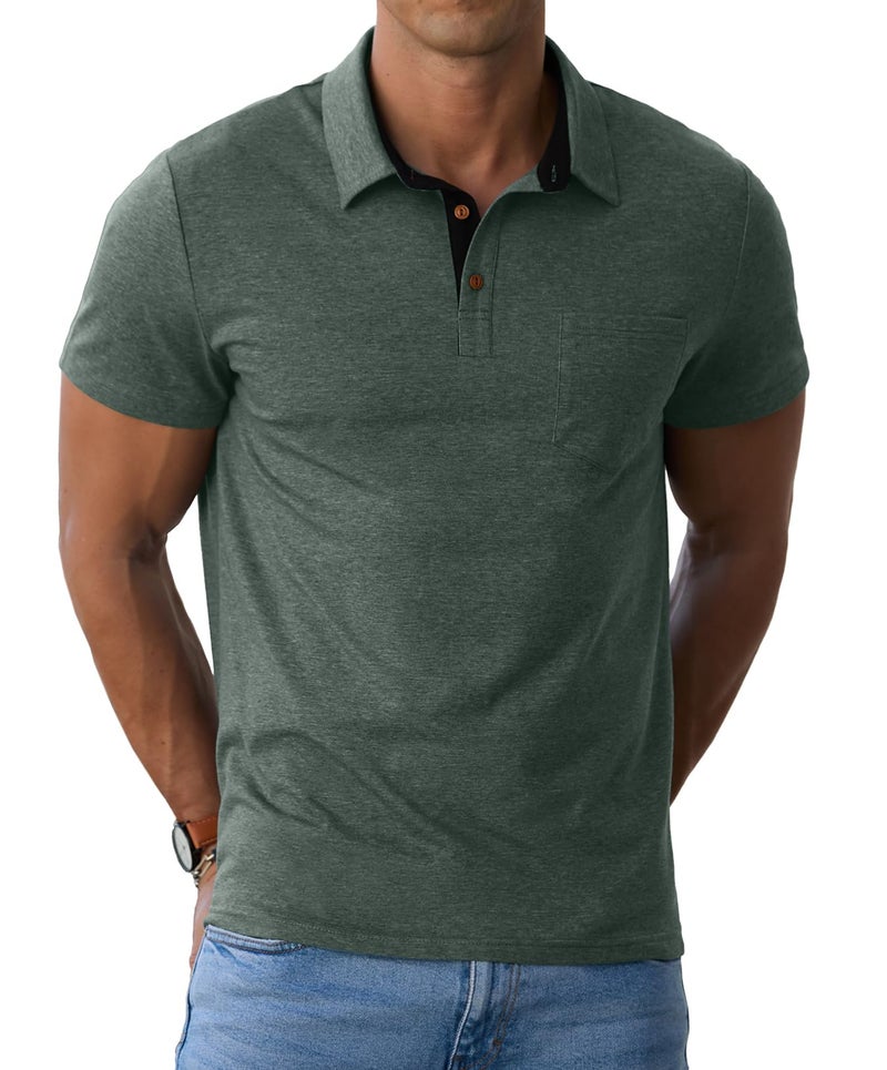 Sailwind Men's Cotton Polo Shirts Short Sleeve Casual Summer Shirts Classic Collared Golf Shirt with Pocket Green - Image 1