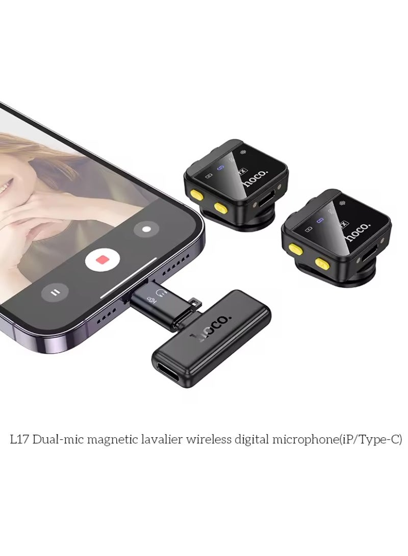 Hoco L17 Dual-mic magnetic lavalier wireless digital microphone(iP/Type-C) - Image 2