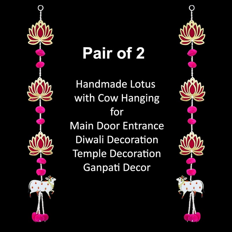 Saugat Traders Handmade Lotus Hangings for Decoration with Pichwai Cow for Diwali Puja Pink Lotus Wall Hangings for Temple Mandir Back Drop Main Door Entrance 1 Pair 315 Inch Each - Image 3