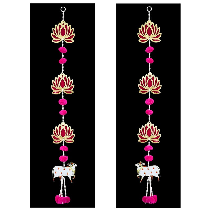 Saugat Traders Handmade Lotus Hangings for Decoration with Pichwai Cow for Diwali Puja Pink Lotus Wall Hangings for Temple Mandir Back Drop Main Door Entrance 1 Pair 315 Inch Each - Image 1