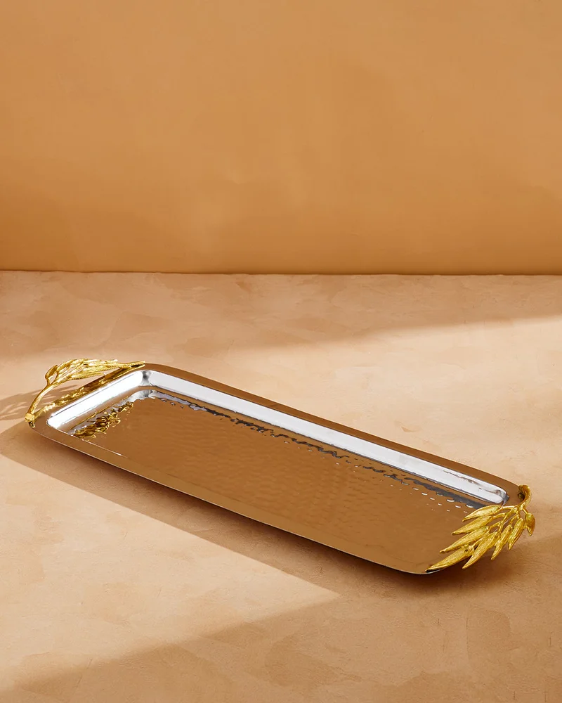 REDTAG Silver Hammered Rectangle Tray With Brass Decoration