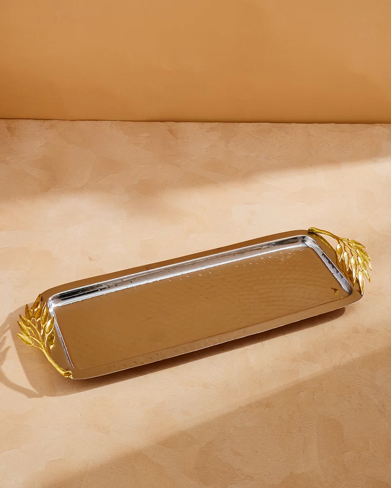 REDTAG Silver Hammered Rectangle Tray With Brass Decoration