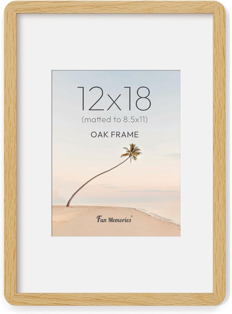 Fun Memories إطار صور 12x18 مع حشوة لصور 8.5x11، إطار خشب بلوط متميز مع زجاج مقوى، إطار خشبي 12x18 للعرض الأفقي أو العمودي - Image 1