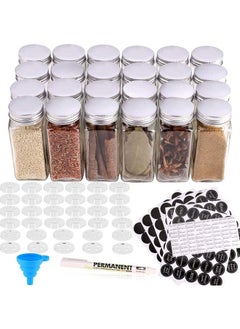24 Glass Spice Jars with w/3 Types of Labels-4oz Empty Square Spice Containers,Three Kinds of Shaker Lids and Airtight Metal Caps-White Paint Pen and Silicone Collapsible Funnel Included