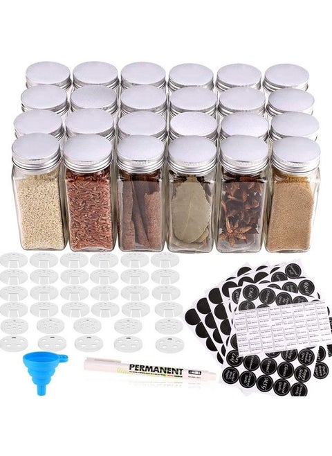 24 Glass Spice Jars with w/3 Types of Labels-4oz Empty Square Spice Containers,Three Kinds of Shaker Lids and Airtight Metal Caps-White Paint Pen and Silicone Collapsible Funnel Included