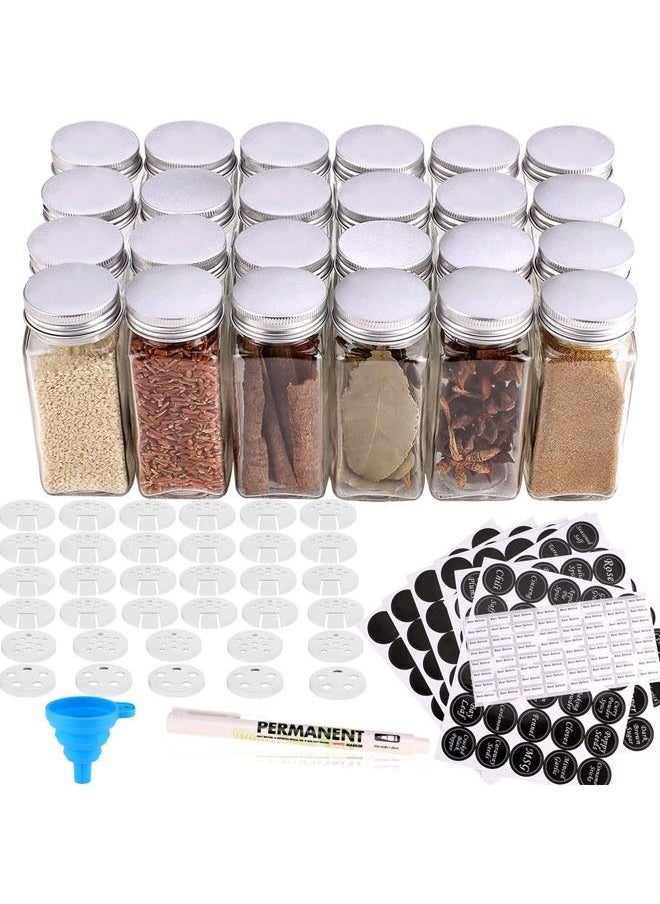 Arabest - 24 Glass Spice Jars with w/3 Types of Labels-4oz Empty Square Spice Containers,Three Kinds of Shaker Lids and Airtight Metal Caps-White Paint Pen and Silicone Collapsible Funnel Included - Image 1