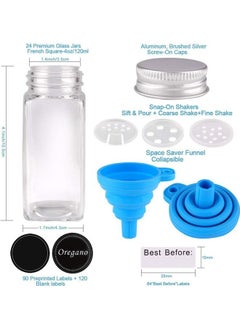 Arabest 24 Glass Spice Jars with w/3 Types of Labels-4oz Empty Square Spice Containers,Three Kinds of Shaker Lids and Airtight Metal Caps-White Paint Pen and Silicone Collapsible Funnel Included  - Image 3