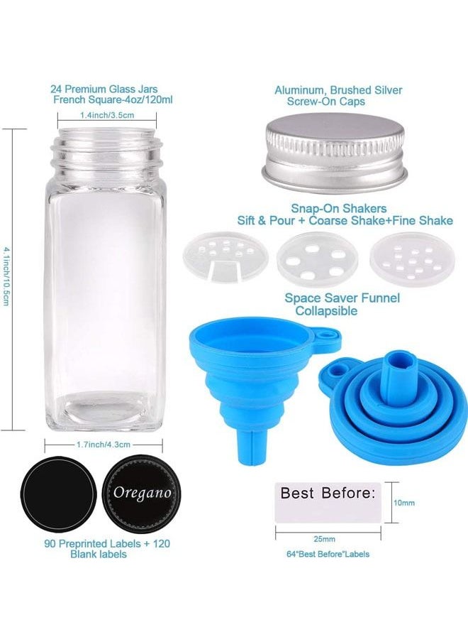 Arabest - 24 Glass Spice Jars with w/3 Types of Labels-4oz Empty Square Spice Containers,Three Kinds of Shaker Lids and Airtight Metal Caps-White Paint Pen and Silicone Collapsible Funnel Included - Image 1