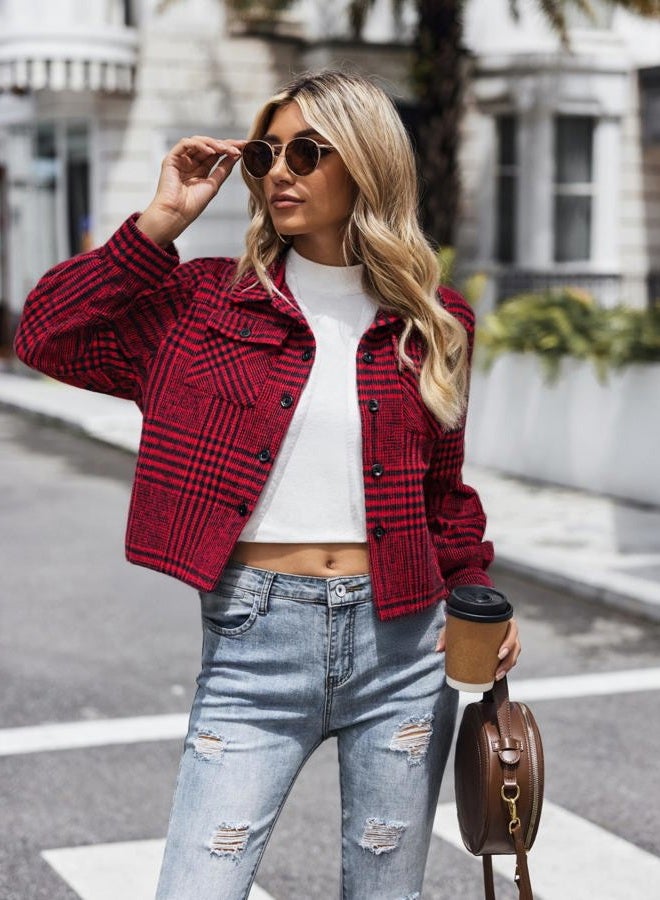 zeagoo Flannels for Women Cropped Shacket Jacket Fashion Plaid Button Down Shirt 2025 Fall Coat Tops, Z-gz383, L - Image 4