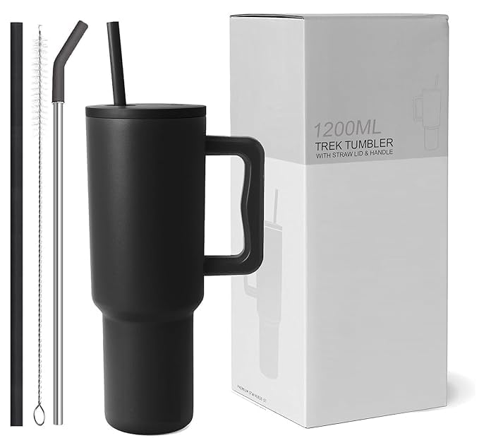CPENSUS 1200ML Stainless Steel Tumbler with Lid and Straw, Hot and Cold with Handle, 100% Leak Proof Mug Cupholder for Travelling, Gym (Black) - Image 1